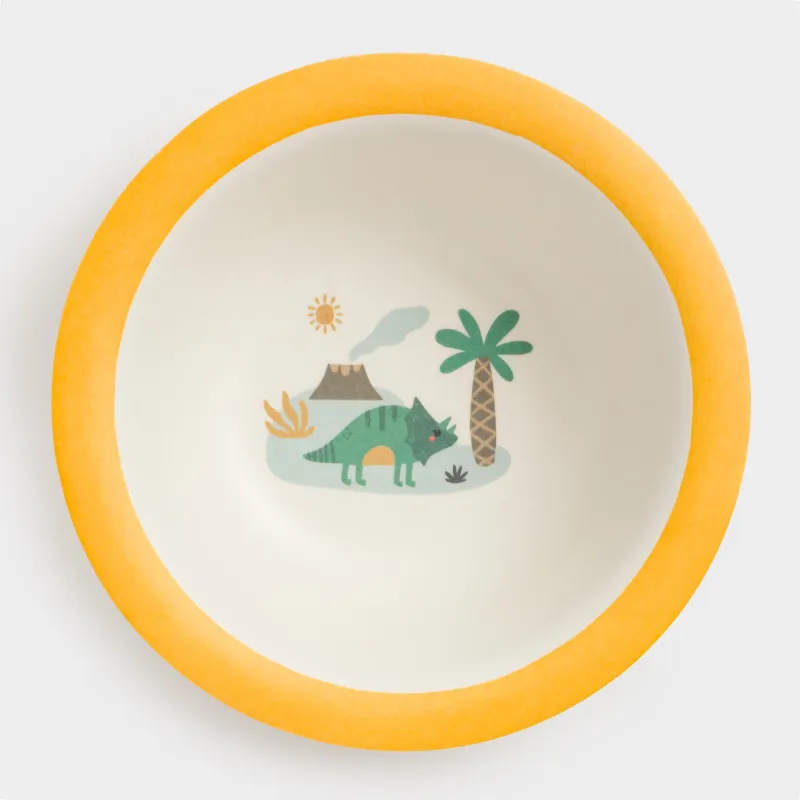 Soup plate, children's, 15x4 cm, bamboo, yellow, Dinosaur and palm tree, Dino