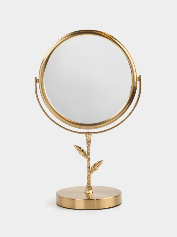Table mirror, 30x18/15 cm, double-sided, on a leg, metal, round, gold, Freya, image-1