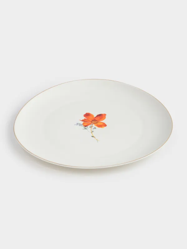Dinner plate, 28 cm, porcelain N, white, with golden edging, wildflowers, Yarrow, image-2