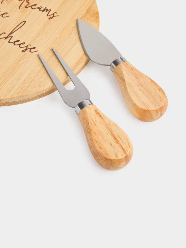 Cheese set, 3 items, dish board with handle, bamboo / steel, round, Cheese, bamboo, image-1