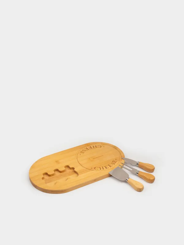 Cheese set, 4 pcs, stand board, Steel / Bamboo, Oval, Cheese, image-1