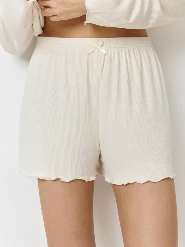 Women's shorts, homewear, size L, with ruffles, modal/spandex, milky, Rosemary, image-2