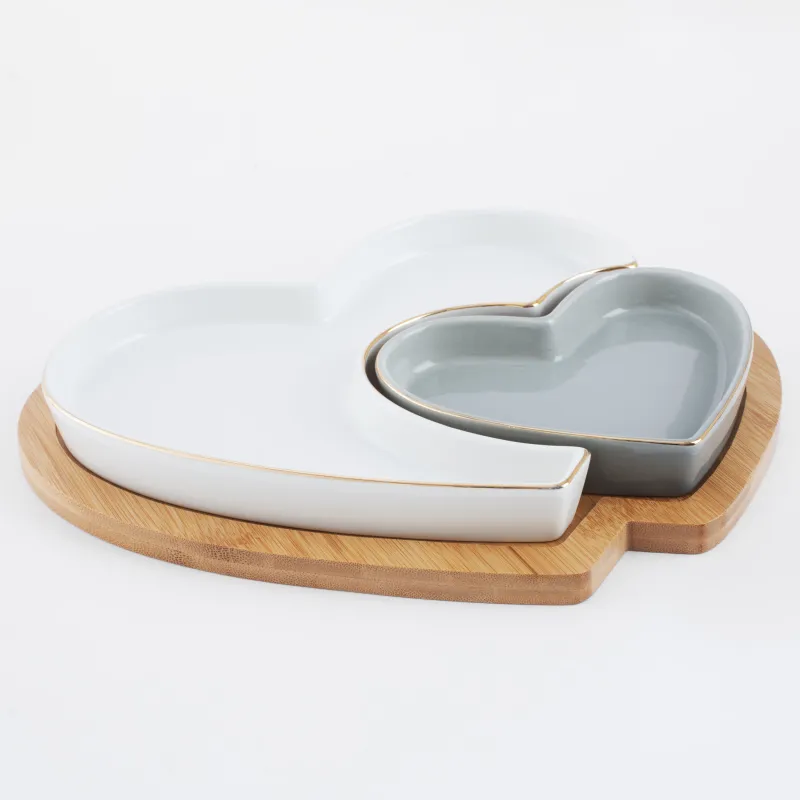 Snack set, 26x22 cm, 2 compartments, collapsible, on a stand, porcelain P / bamboo, white / grey, Heart, image-1