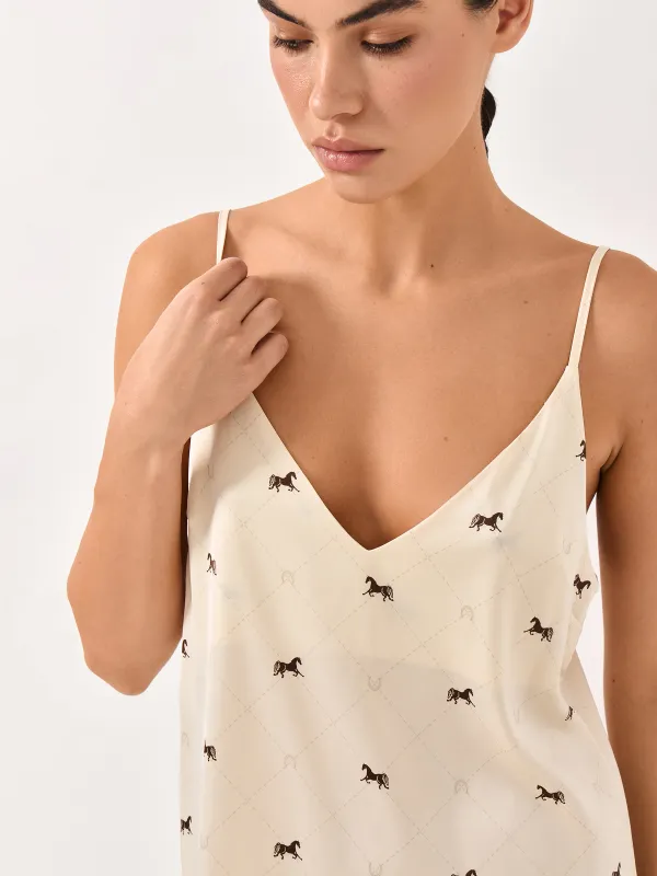 Women's dress, homewear, mini, size L, with straps, polyester / elastane, milky, Horses, Luanne, image-1