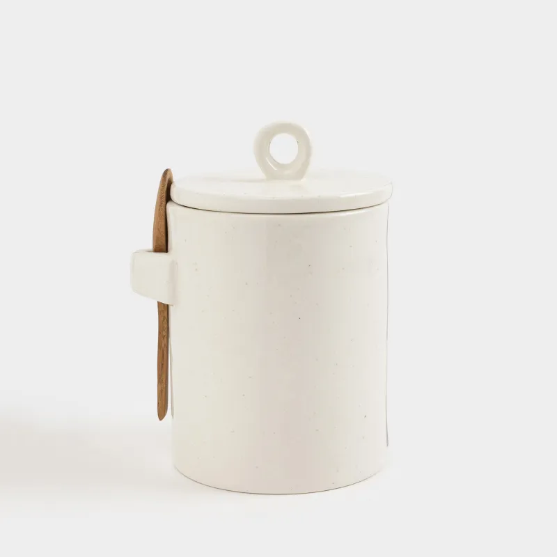 Storage container, 16 cm, 750 ml, with spoon, ceramic / wood, milky, speckled, Delicia