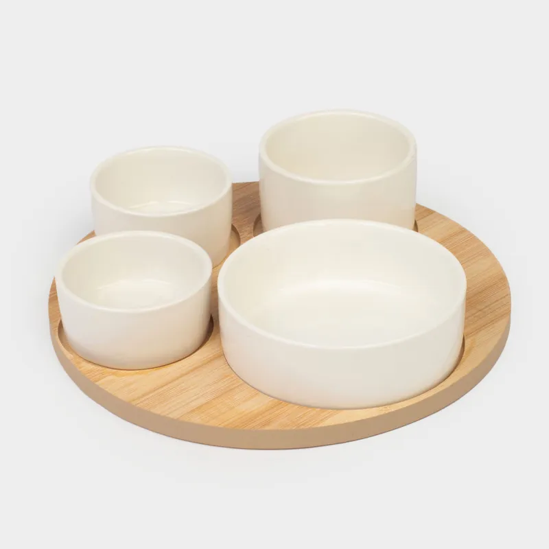 Snack set, 4 pcs, on a stand, ceramic / bamboo, white, round bowls, Bamboo