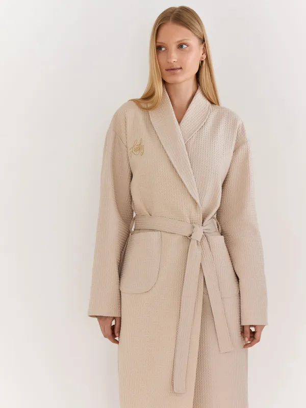 Women's robe, homewear, size S, with long sleeves, waffle, cotton, milky, Lucky, Stefani, image-1