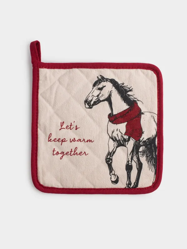 Potholder, 20x20 cm, cotton, grey-beige, Horse, Horse in scarf, image-0