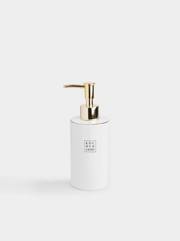 Liquid soap dispenser, 330 ml, ceramic / plastic, white and gold, Freya, image-0