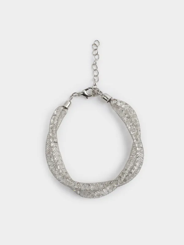 A bracelet, 24 cm, double, metal / rhinestones, silver, Weaving, Jewelry, image-0