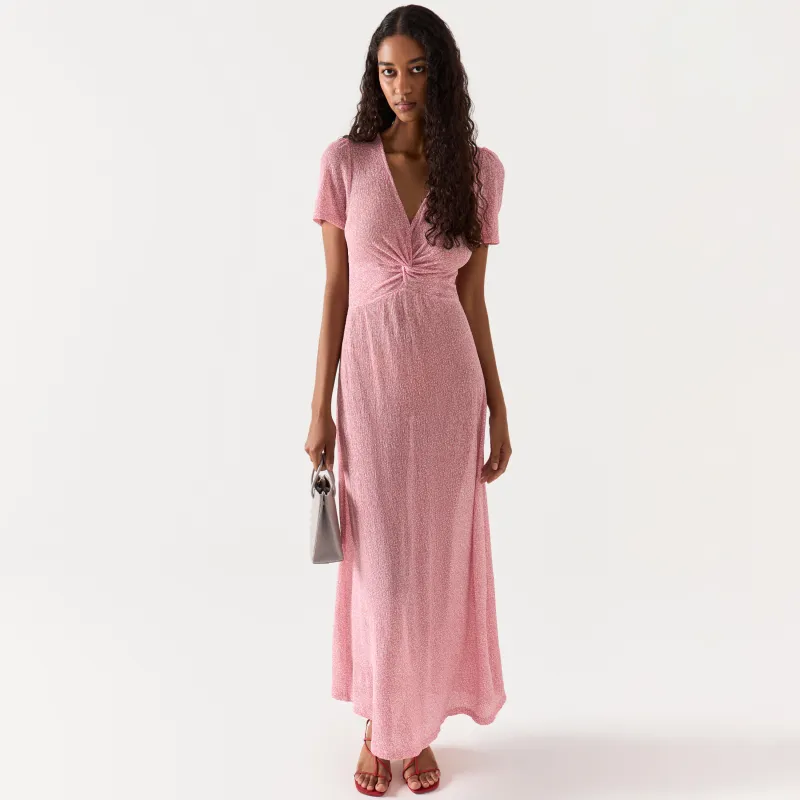 Women's dress, maxi, size L, with short sleeves, polyester, Pink, Flowers, Umina