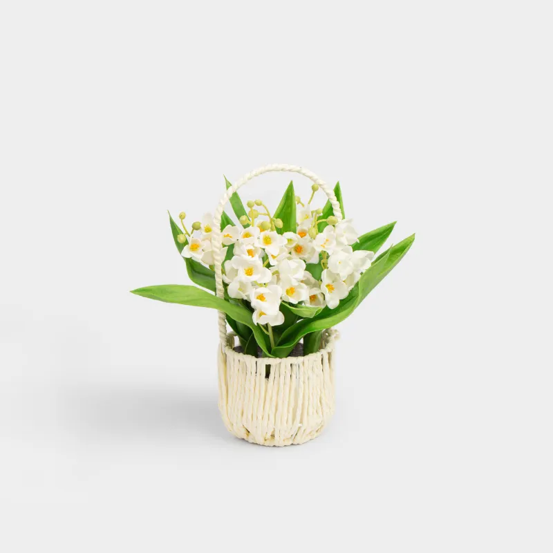 Artificial plant, 25 cm, in a basket, polyurethane / PVC, White lilies of the valley, May-lily