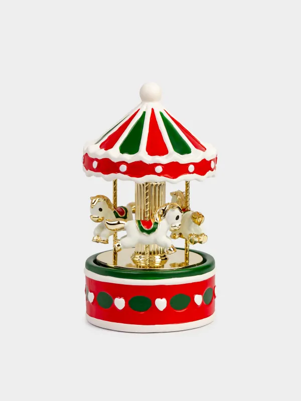Statuette, musical, 16 cm, illuminated, ceramic, red-green, Carousel, Christmas style, image-0