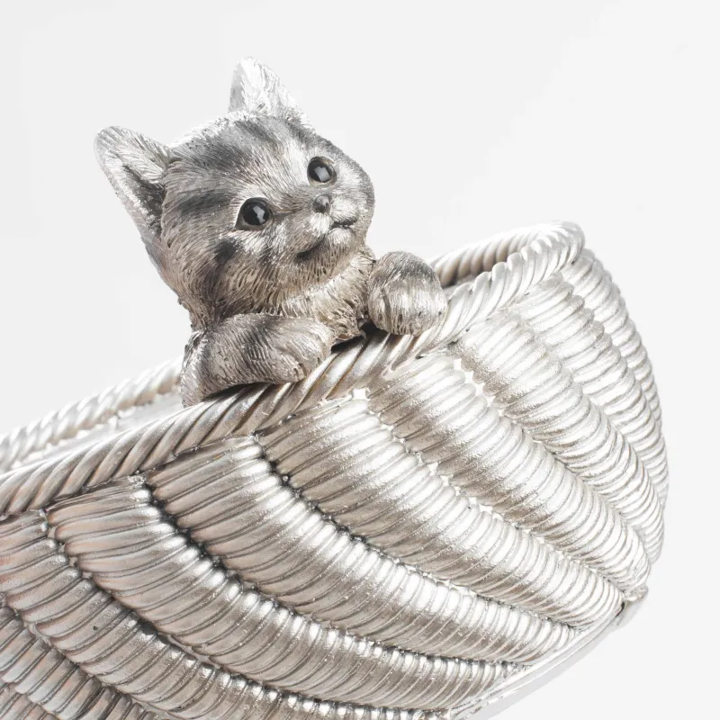 Decorative vase, 16x12 cm, polyresin, golden, Kitten in a basket, Cat, image-5