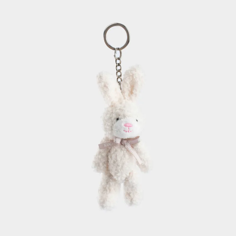 Pendant, 14 cm, soft, with moving paws, boucle / metal, milky, bunny with bow, Rabbit