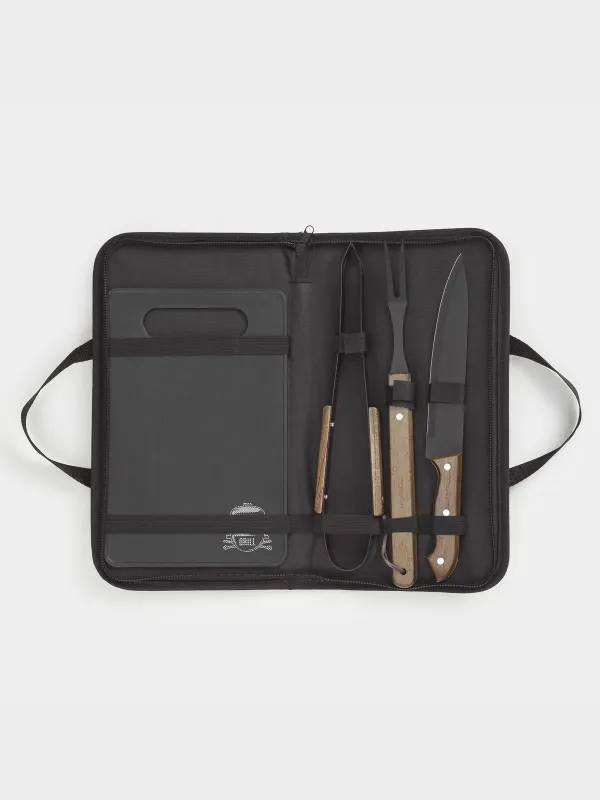 BBQ set, 4 items, in leather case, steel / wood / eco-leather, BBQ, image-4
