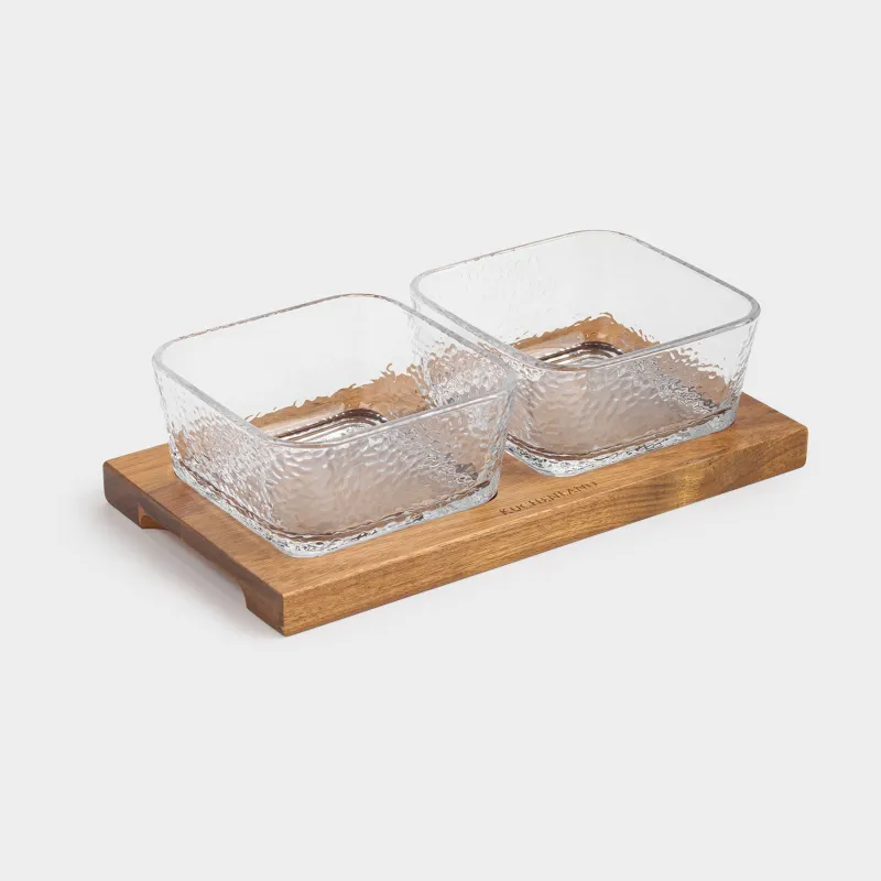 Snack set, 2 pcs, on stand, glass/wood, Squares, Noble tree