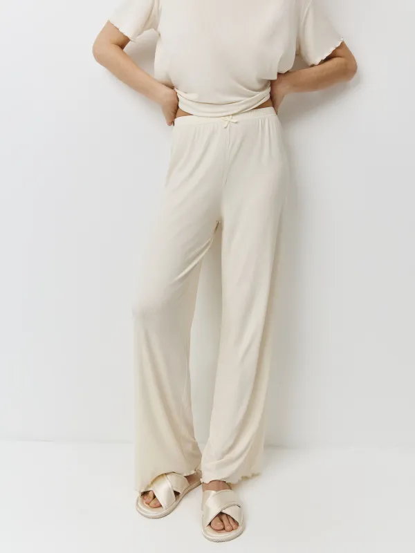 Women's trousers, homewear, size L, with ruffles, modal/spandex, milky, Rosemary, image-1