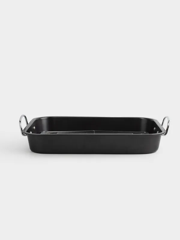 Baking tray, 37x29 cm, with handles and grill, coated, steel, black, BBQ, image-0