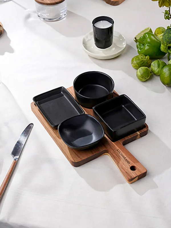 Snack set, 4 items, on a stand, ceramic / wood, black, Shape geometry, Black style , image-6