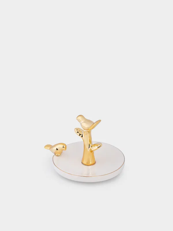 Jewelry holder, 13 cm, ceramic, white and gold, Birds on a branch, Paradise garden, image-1