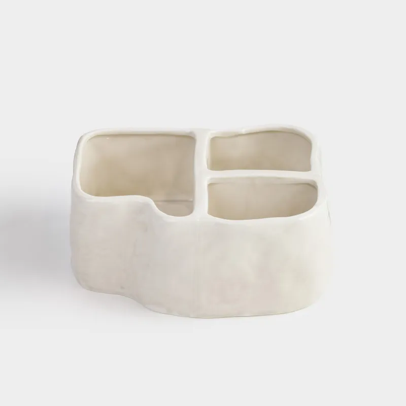 Organizer for cosmetics, 18x14 cm, 3 compartments, porcelain P, grey-beige, Crumpled effect, Crumple bath, image-1