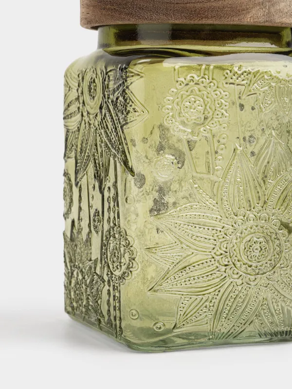 Bulk products jar, 750 ml, glass R / wood, green, Flowers, Bloome wood, image-2
