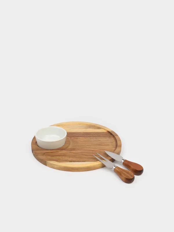 Cheese set, 4 pcs, dish board/bowl, steel / ceramic / wood, Circle, Noble tree, image-0
