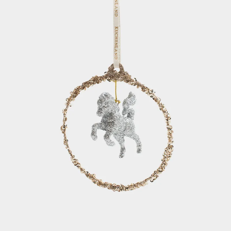 Christmas tree toy, 11 cm, metal / plastic, champagne, Horse, Figure sparkle