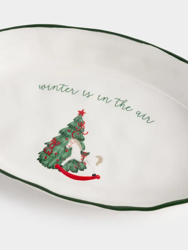 Dish, 28x17x5 cm, with sides, ceramic, oval, Horse with Christmas tree, Christmas green, image-4
