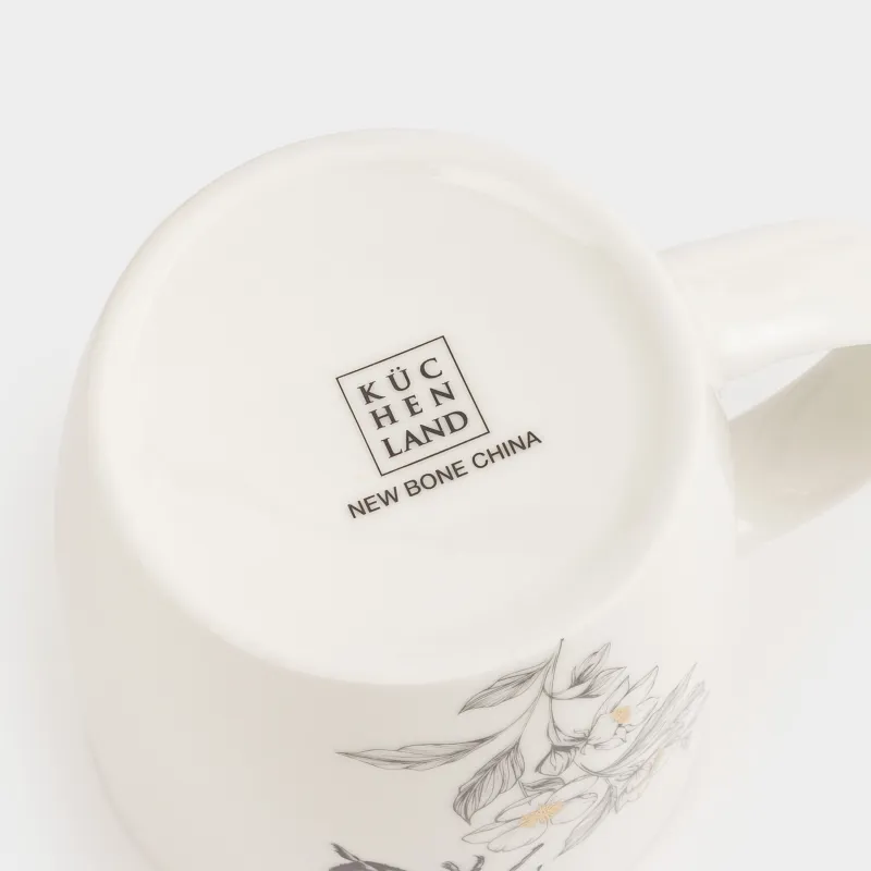 Mug, 380 ml, porcelain N, white, with golden edging, Bumblebee with flower, Bugs, image-3