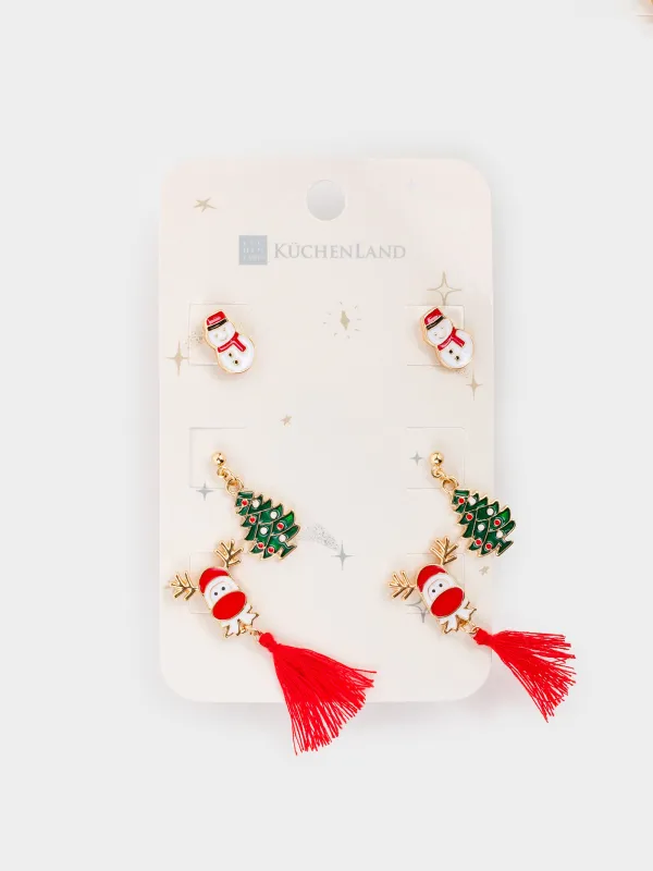 Stud earrings, 1/2/4 cm, 6 pieces, metal, gold, Snowman/Christmas Tree / Deer, Jewelry christmas, image-2