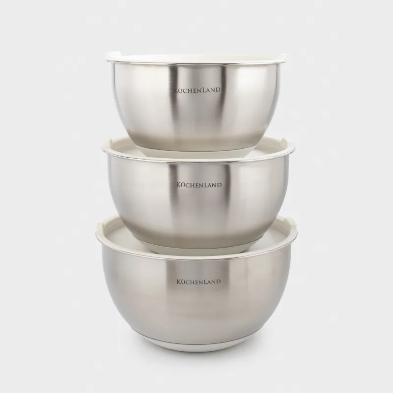 A bowl, 2,5/3/4,5 l, 3 pcs, with lid, anti-slip bottom, steel / plastic, beige, Terra 