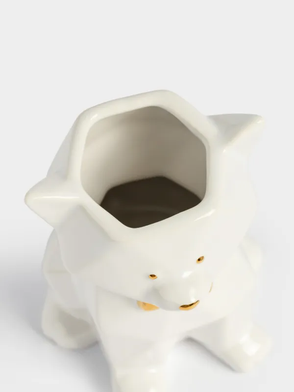 Bathroom tumbler, 14 cm, ceramic, white and gold, Cat, Art modern, image-3