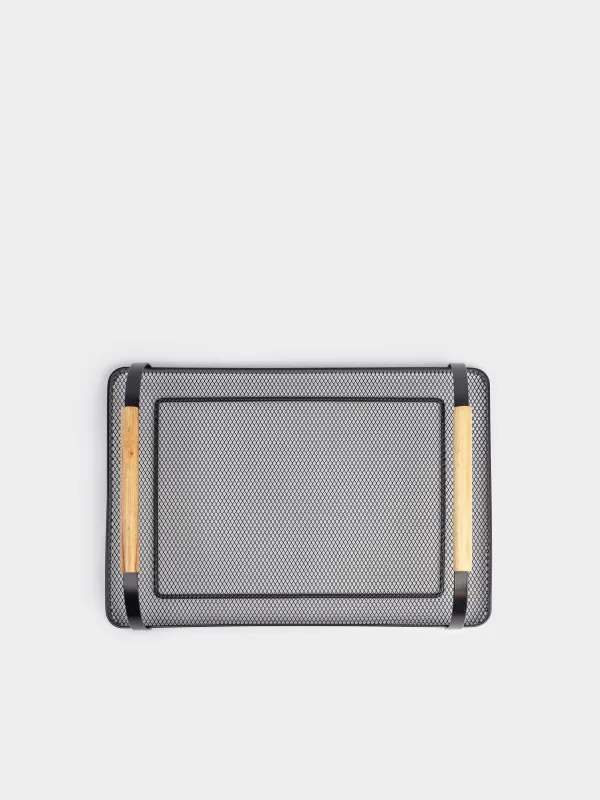 Tray, 33x23 cm, with handles, metal / wood, rectangular, black, Black style, image-6