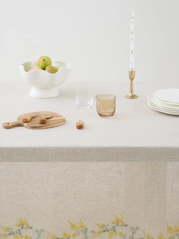 Tablecloth, 160x160 cm, polyester / linen, beige, Mimosa, Mimosa flowers, image-1
