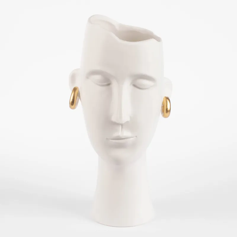 Flower vase, 34 cm, decorative, ceramic, white, Girl with golden earrings, Face