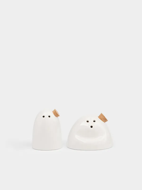 Salt and pepper set, 8 cm, porcelain P / cork, beige, Crumple creme, image-0