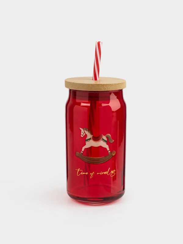 Beverage can, 450 ml, with a lid and a straw, glass, red, Horse, Crystal drink, image-0