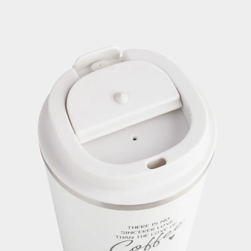 Thermo mug, 350 ml, steel / plastic, white, with inscription, Coffee time, image-1