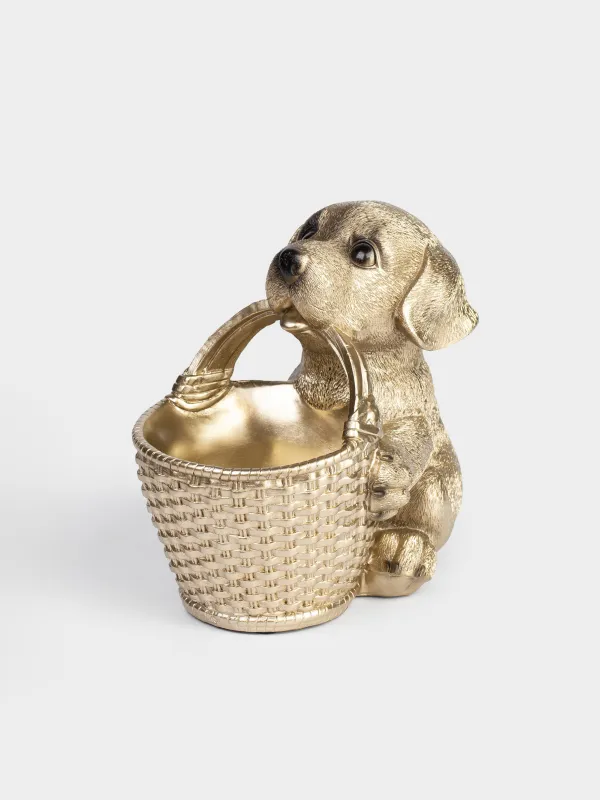 Candy bowl, 19х18 cm, 250 ml, with handle, polyresin, beige, Labrador with basket, Dog, image-0