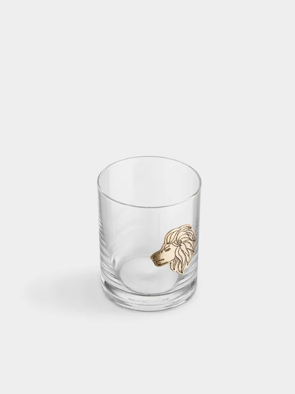 Drinking glass, 10 cm, 340 ml, glass/metal, golden, Leo, Zodiac, image-1
