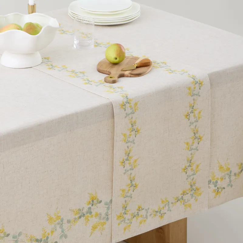 Table runner, 40x160 cm, polyester / linen, beige, Mimosa, Mimosa flowers