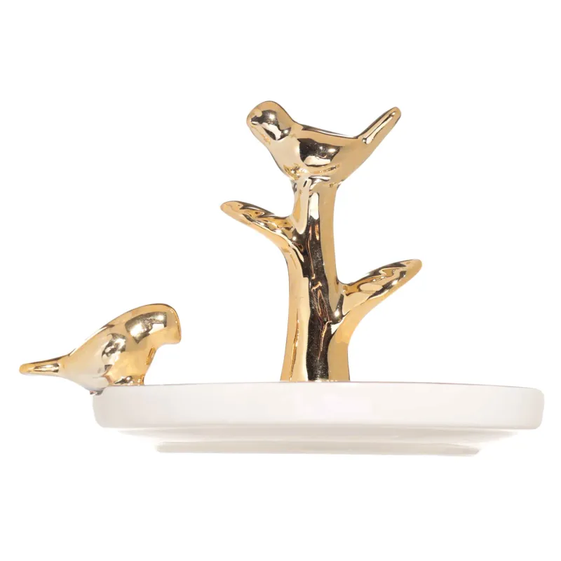 Jewelry holder, 13 cm, ceramic, white and gold, Birds on a branch, Paradise garden, image-2