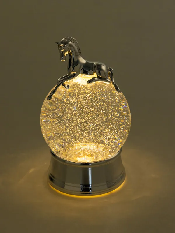 Snow lantern, 21 cm, illuminated, plastic, silver, Horse on a ball, Silver style, image-4
