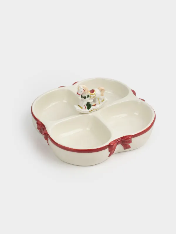 Divided plate, with decor, 24x11 cm, 4 compartments, ceramic, white and red, rocking horse, Christmas miracle classic, image-2