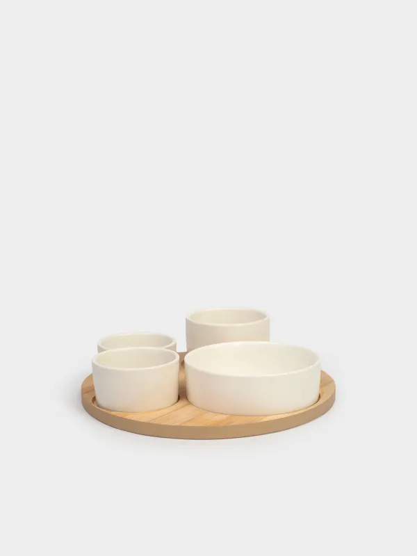 Snack set, 4 pcs, on a stand, ceramic / bamboo, white, round bowls, Bamboo, image-1