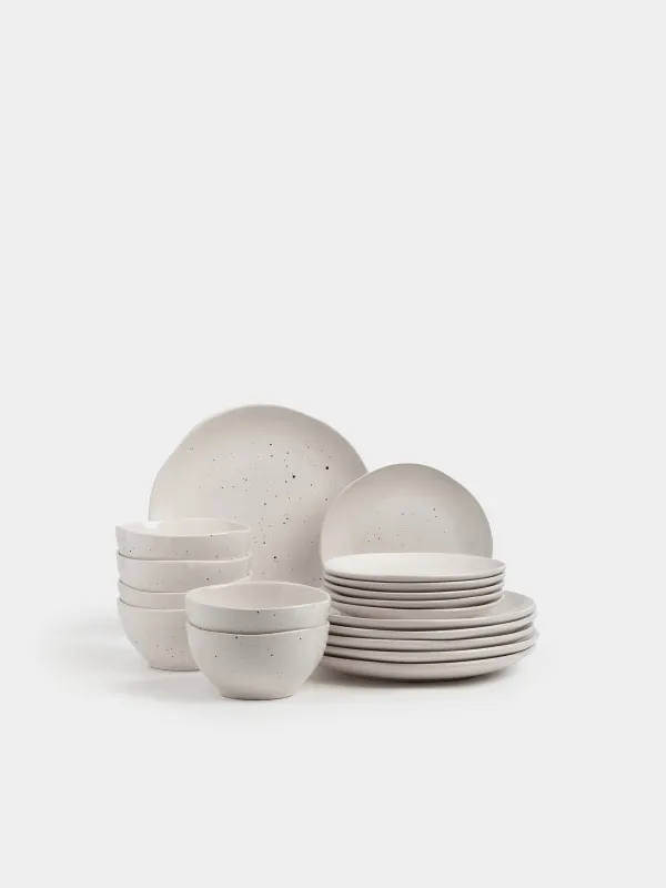 Dining set, 6 persons, 18 items, ceramic, milky, speckled, Uneven edge, Xoras, image-0