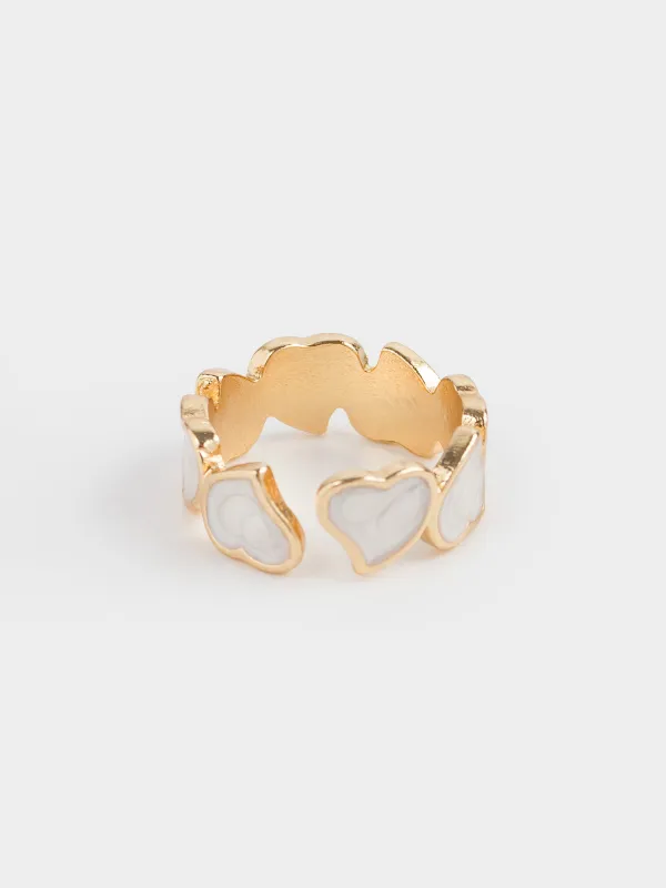 Ring, size S-M, single size, metal / acrylic, golden beige, Hearts, Jewelry heart, image-3