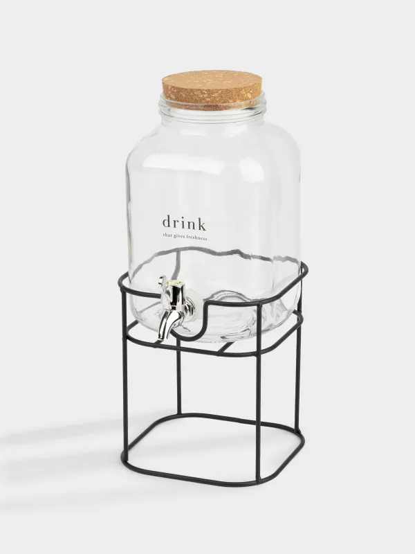 Beverage dispenser, 3 L, on a stand, Glass / cork / metal, Clear font, image-1